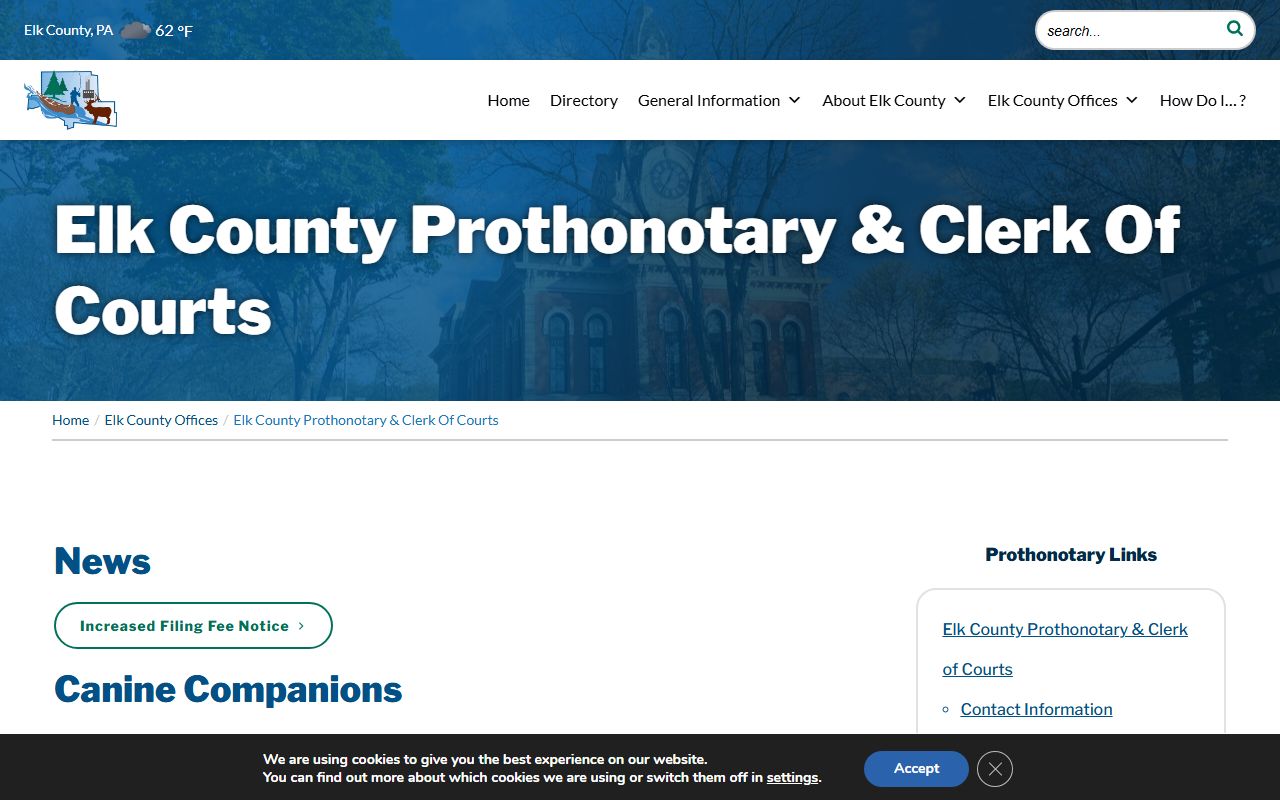 Elk County Clerk of Courts page for court records after arrest