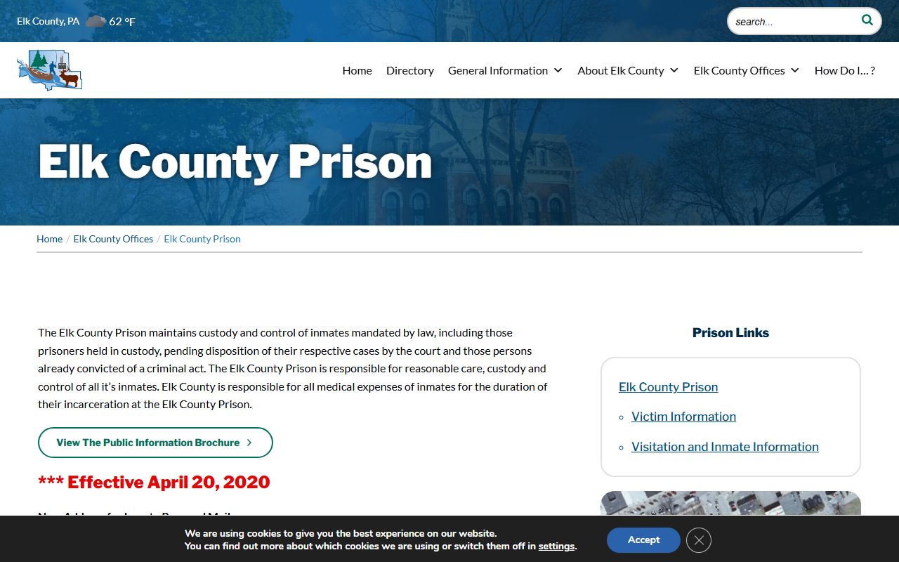 Elk County Prison official page for facility inmate lookup