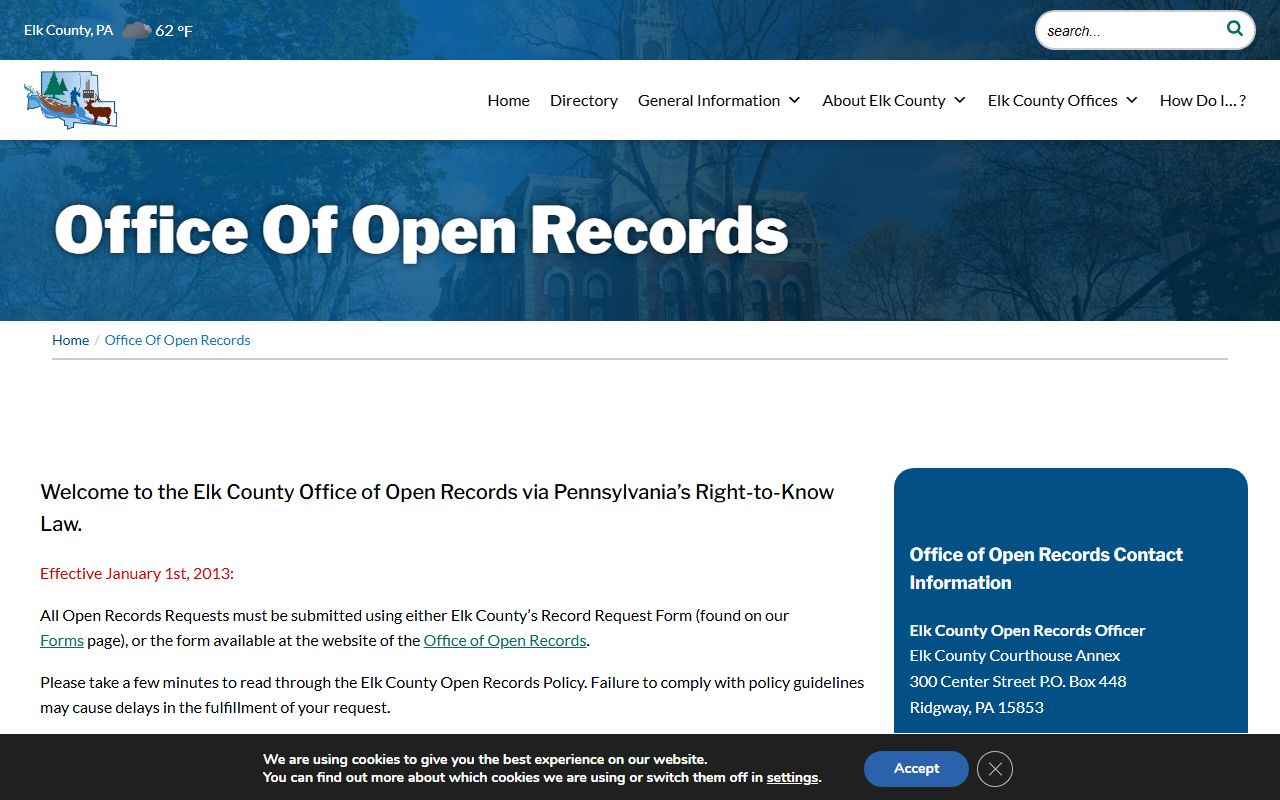 Elk County Open Records page for jail mugshot requests