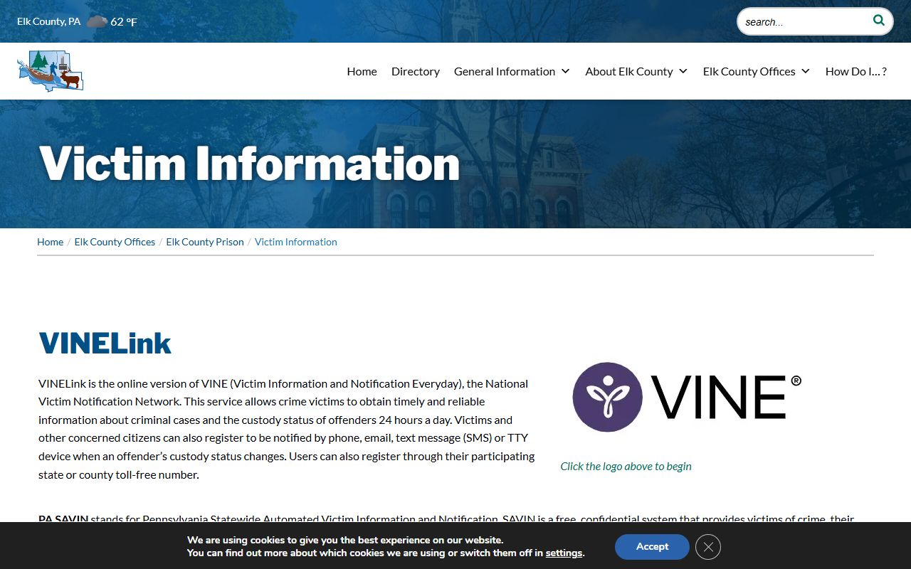 Elk County custody notification page for inmate records