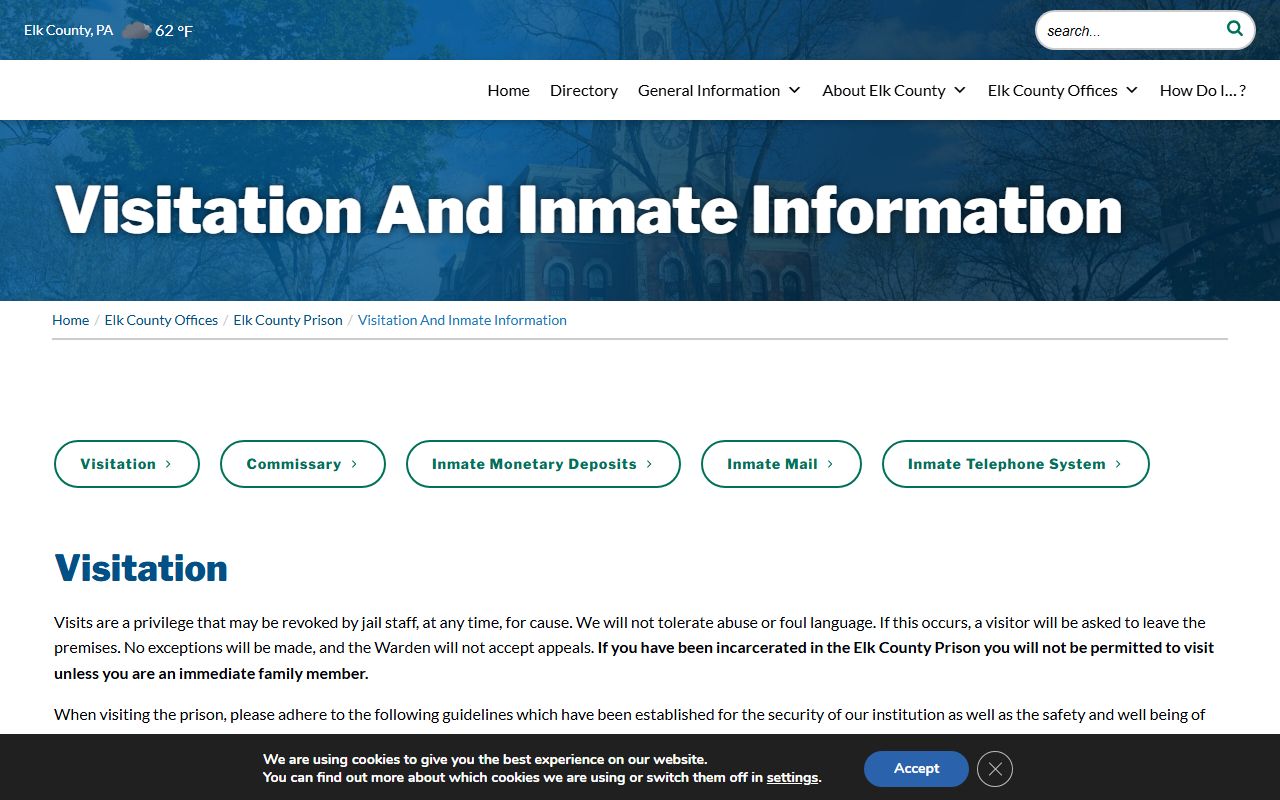 Elk County Prison visitation and inmate information rules
