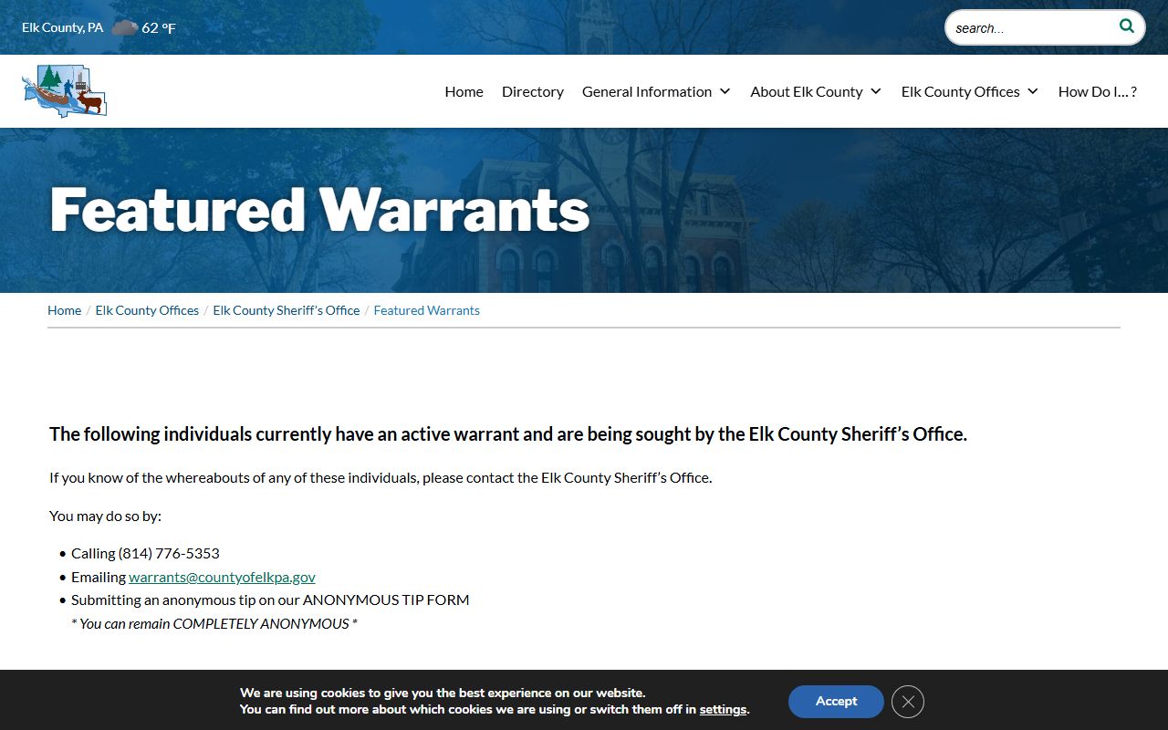 Elk County Sheriff's featured warrants page connected to arrest court records