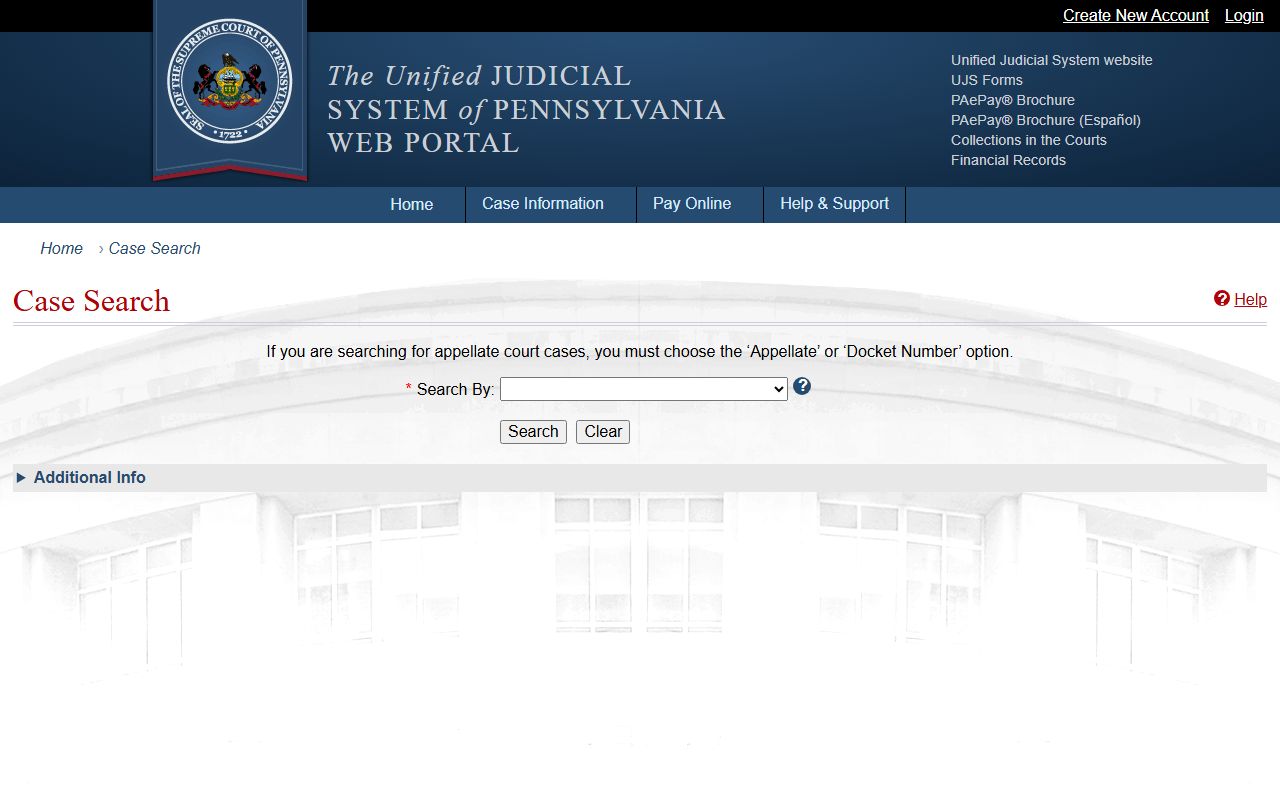 Pennsylvania UJS Case Search for Elk County court records after arrest